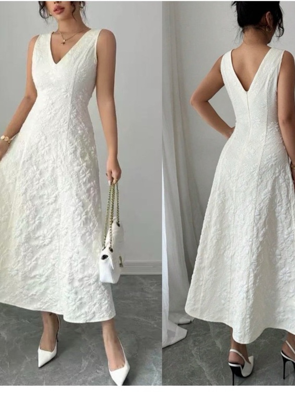 & Other Stories White Textured V-Neck Midi Dress - Picture 3 of 4